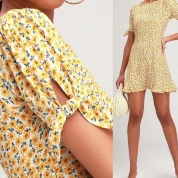 FAITHFULL THE BRAND DAPHNE YELLOW FLORAL TIE-SLEEVE SKATER DRESS. SIZE 4. - Picture 2 of 11